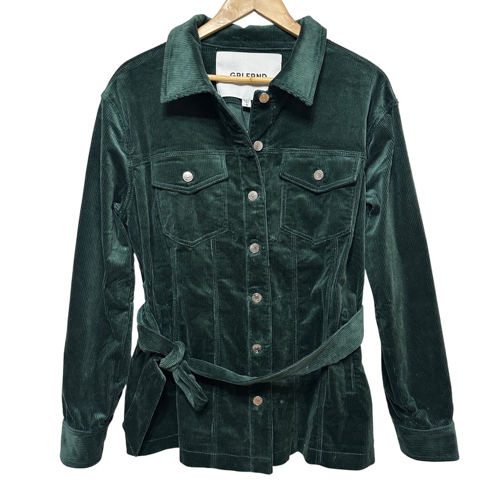 GRLFRND Corduroy Jacket Womens Medium Green Belted Stretch Shacket Streetwear